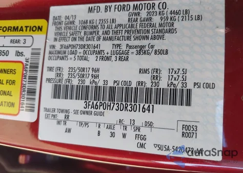 2013 Ford Fusion Se из США, поврежденный, VIN 3FA6P0H73DR301641